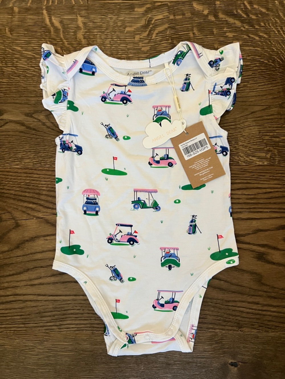 Angel Dear Cream Onesie with Pink, Blue & Green Golf Cart Print